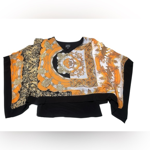 COCO BIANCO Black, Orange, Gold Asymmetrical Open Shoulder V Neck Blouse Size XL - Picture 1 of 9